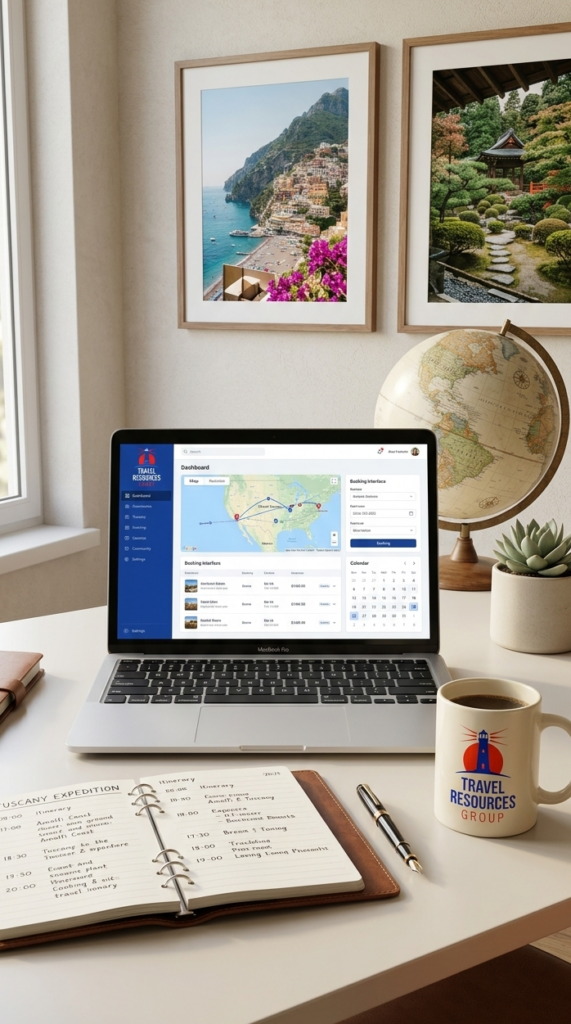 A modern home office setup for an independent travel advisor showcasing a laptop with a client database dashboard, an open travel planner notebook detailing a luxury itinerary, and a custom branded Travel Resources Group coffee mug.